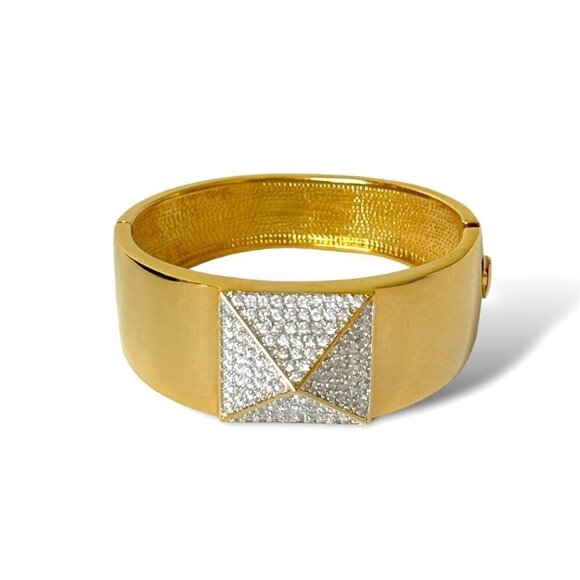 18K Gold Plated CZ Paved Pyramid Wide Bangle Cuff Bracelet For Women - Picture 1 of 10